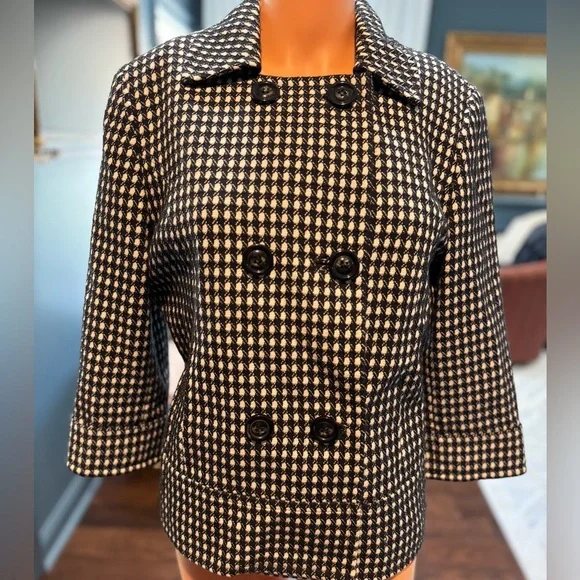 Sharagano Black White Tweed Blazer Double Breasted Wool Blend Jacket Size 10 - Picture 3 of 9